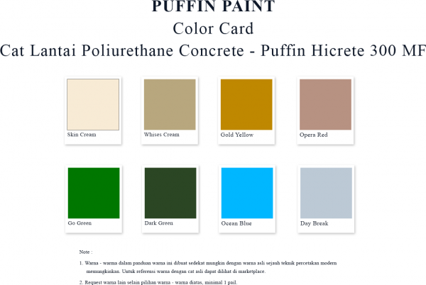 Card color cat lantai poliurethane concrete - Puffin Hicrete 300 MF
